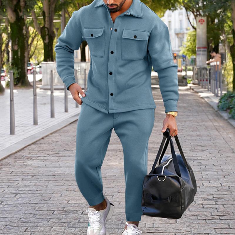Men's Casual Suede Pocket Single Breasted Slim Fit Shirt Loose Sweatpants Set 9261812973752