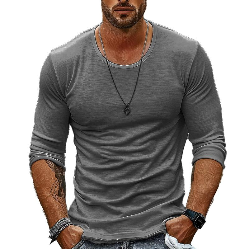Men's Casual Solid Color Round Neck Long Sleeve T-Shirt 9261116883128