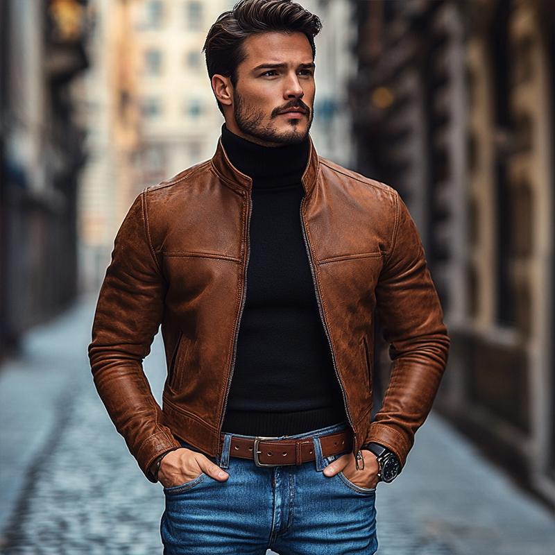 Men's Vintage Leather Stand Collar Zip-Up Slim Fit Jacket 9269592195256