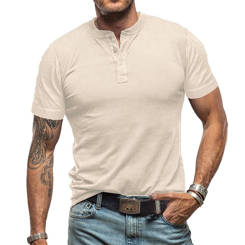 Men's Vintage Solid Color Short Sleeve Henley Neck T-Shirt 9261138870456