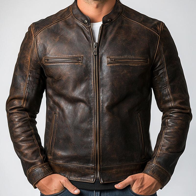 Men's Vintage Distressed Zipper Leather Jacket 9274151469240