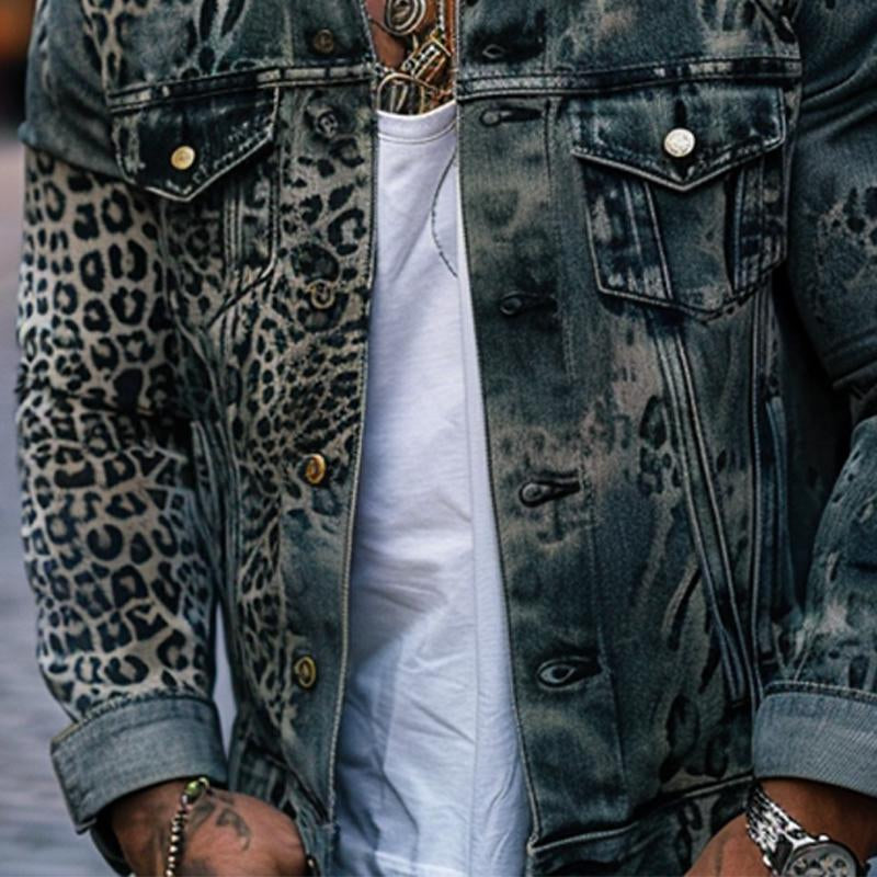 Men's Leopard Ombre Print Denim Trucker Jacket 9261077921976