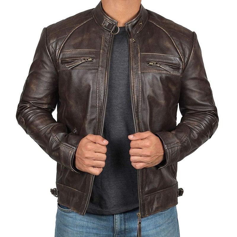 Men's Vintage Distressed Stand Collar Zip Motorcycle Leather Jacket 9261086638264