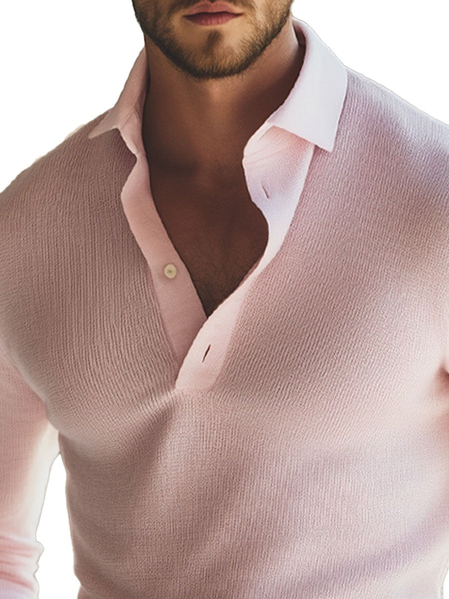 Men's Half-Open Collar Pink Long-Sleeved Knitted T-Shirt 9888735396024
