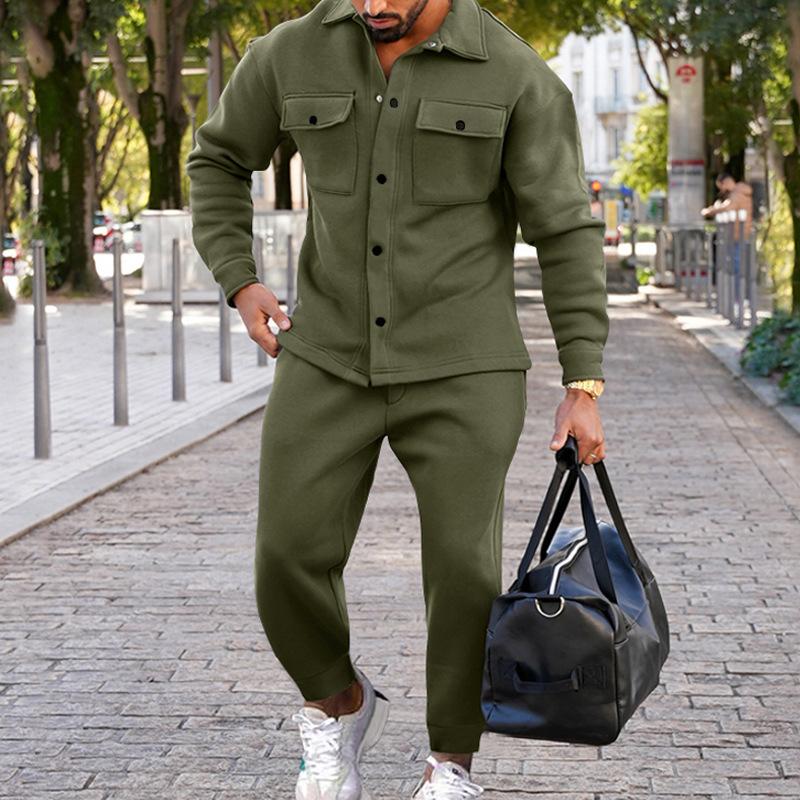 Men's Casual Suede Pocket Single Breasted Slim Fit Shirt Loose Sweatpants Set 9261812973752
