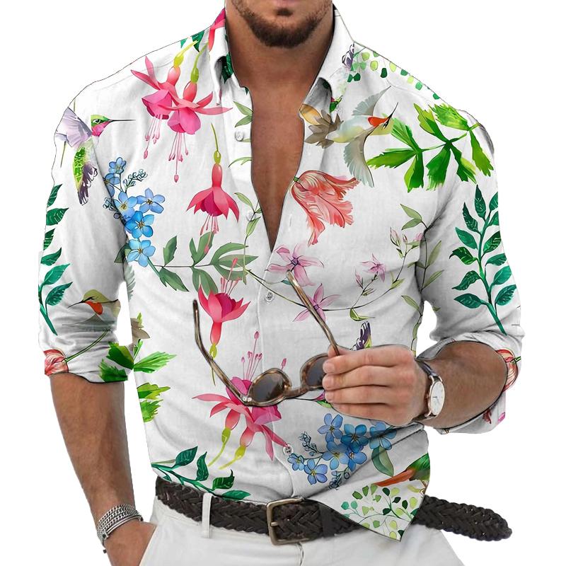 Men's Hawaiian Floral Print Long Sleeve Lapel Shirt 9261795803320
