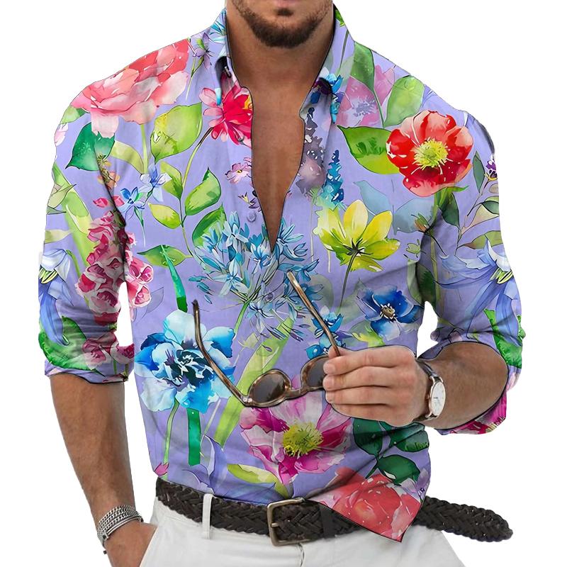 Men's Hawaiian Floral Print Long Sleeve Lapel Shirt 9261795803320