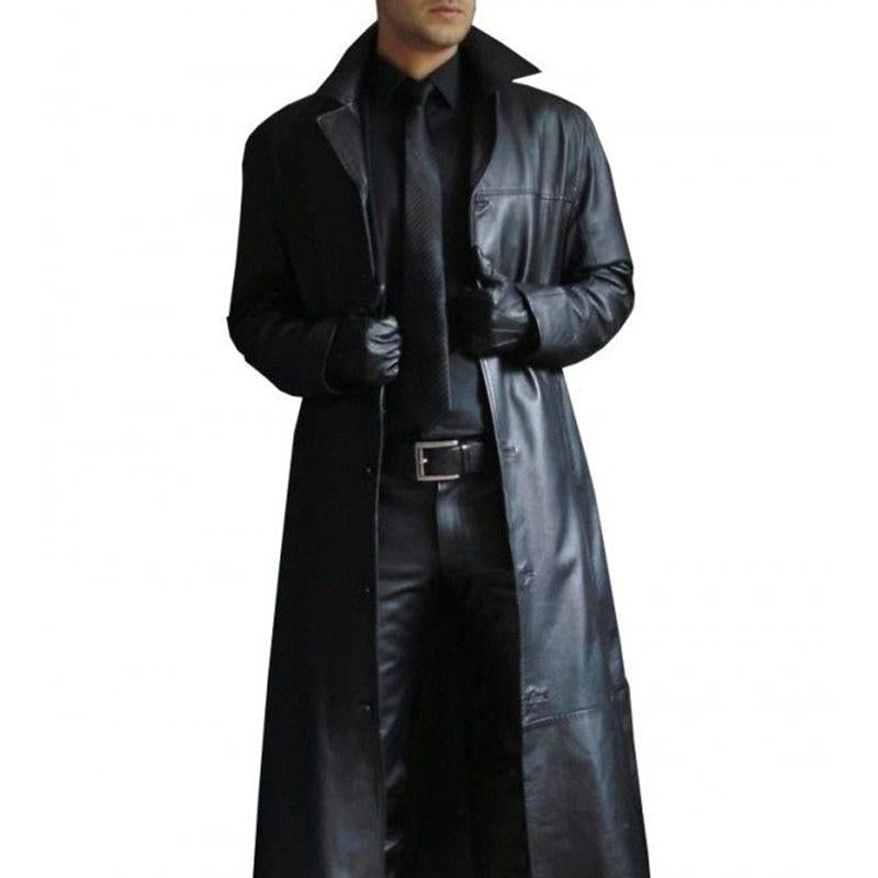 Men's Vintage Solid Color Lapel Leather Trench Coat 9261100925112