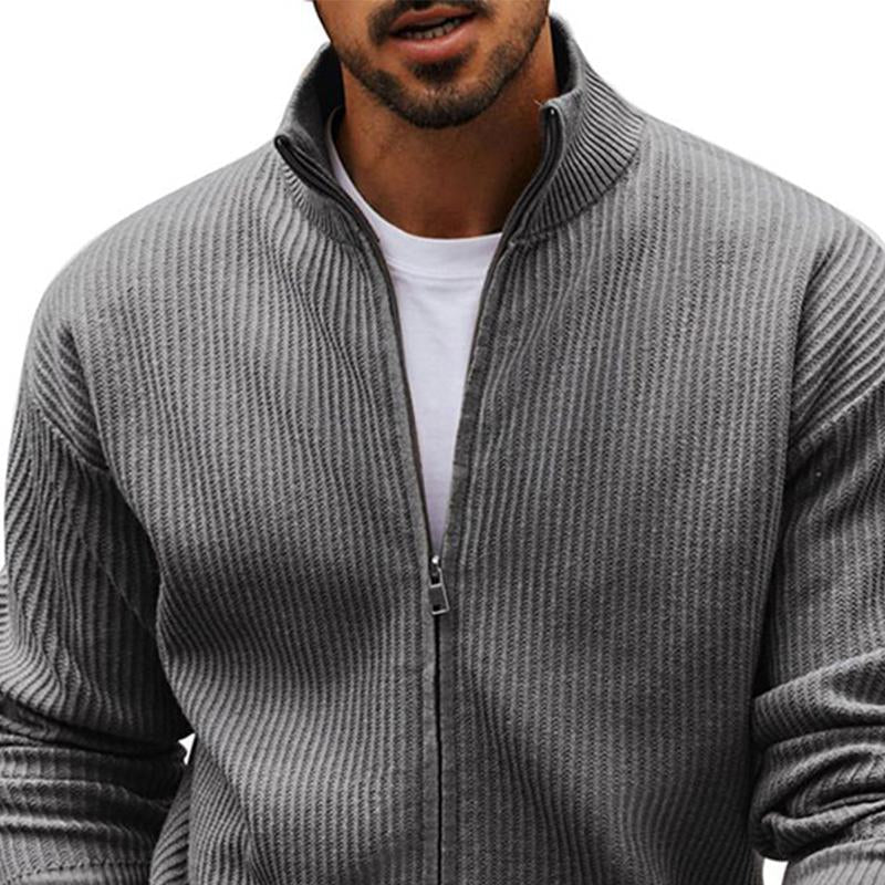 Men's Grey Stand Collar Zippered Knit Cardigan 9273155780792