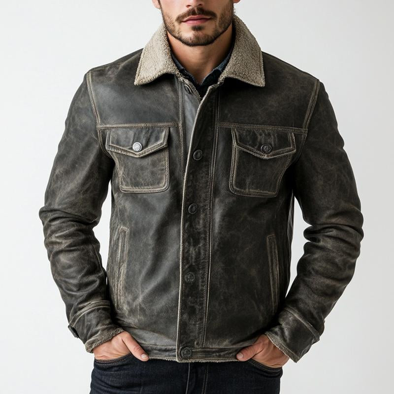 Men's Distressed Lambswool Lining Leather Jacket 9272270127288
