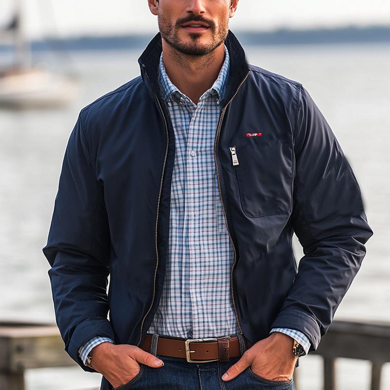 Men's Navy Blue Stand Collar Zip-up Jacket 9873133699256