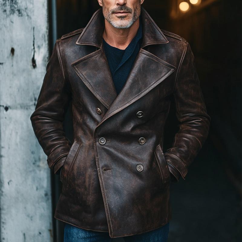 Men's Vintage Distressed Notched Lapel Leather Jacket 9873140121784