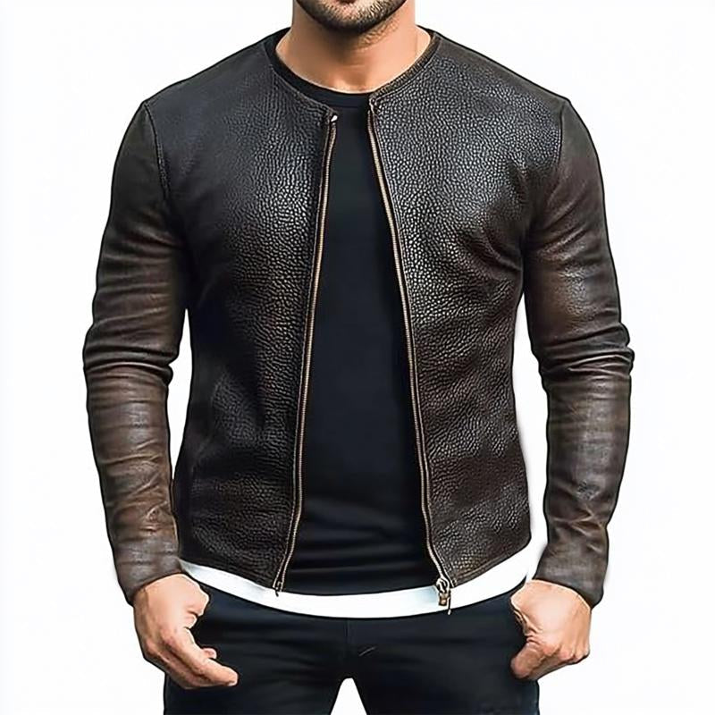 Men's Grainy Zippered Leather Jacket 9877925757112