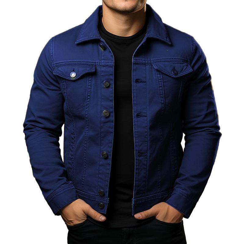 Men's Classic Solid Color Lapel Single Breasted Cargo Denim Jacket 9261078610104