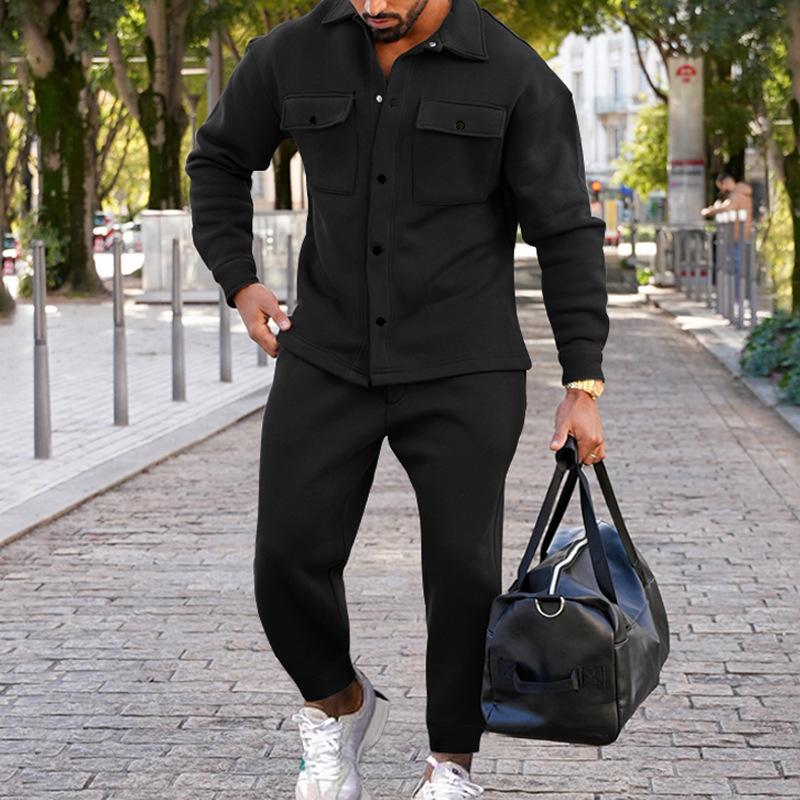 Men's Casual Suede Pocket Single Breasted Slim Fit Shirt Loose Sweatpants Set 9261812973752