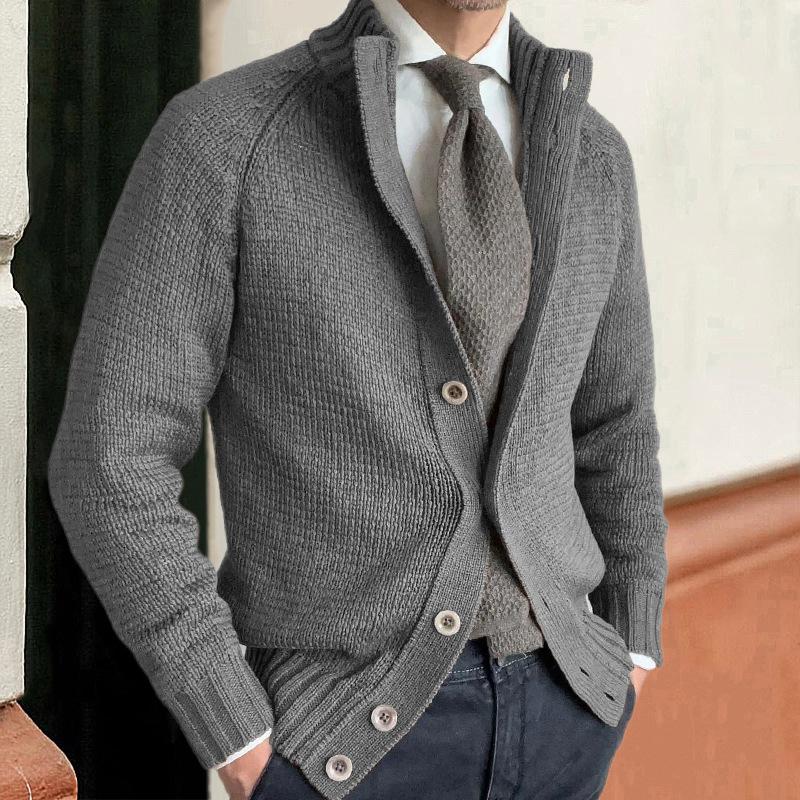 Men's Grey Stand Collar Button Knit Cardigan 9885839753400