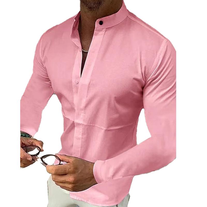 Men's Stand Collar Solid Color Long Sleeve Shirt 9261781614776