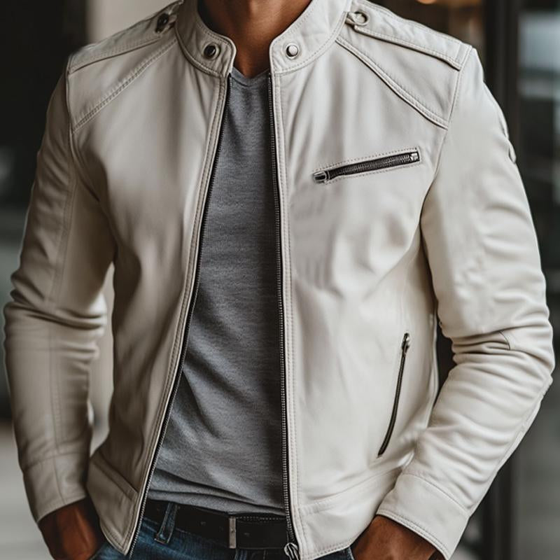 Men's White Stand Collar Zipper Leather Jacket 9873139925176