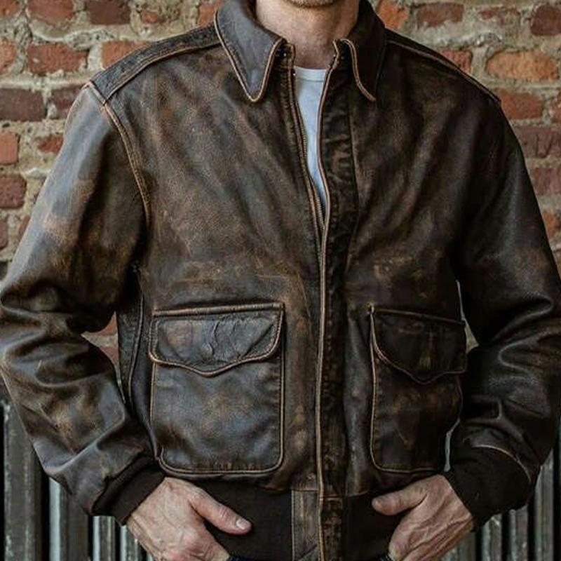 Men's Vintage Distressed Zipper Leather Jacket 9268190118072