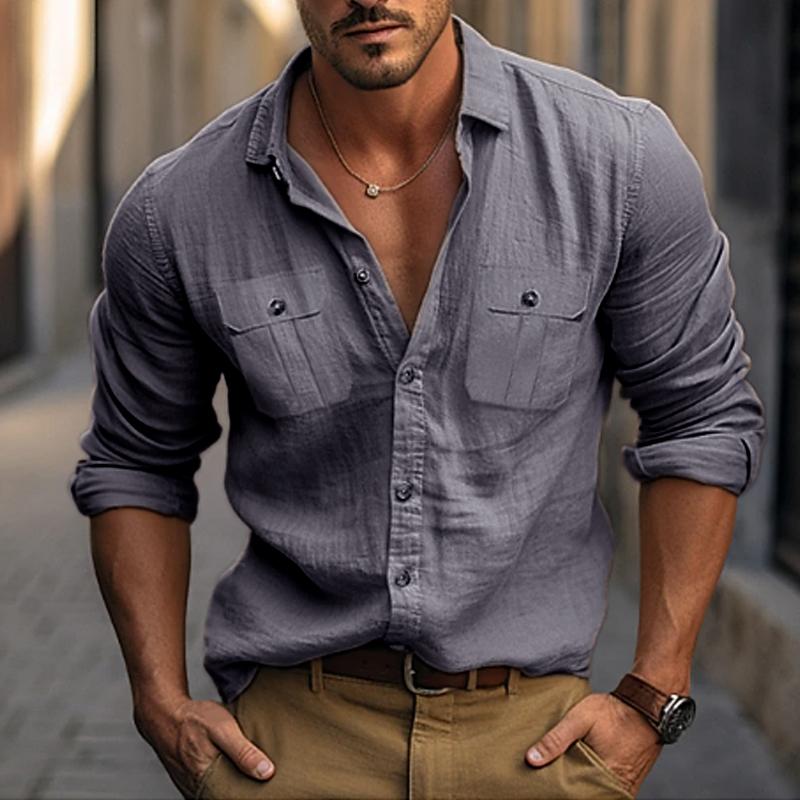 Men's Solid Color Double Pocket Cotton and Linen Long Sleeve Shirt 9261778305208