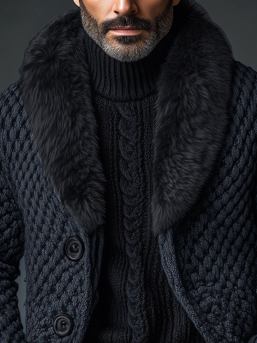 Men's Vintage Faux Fur Collar Single-breasted Knitted Cardigan 9888736280760