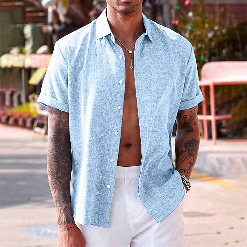 Men's Solid Color Lapel Cotton Linen Short Sleeve Shirt 9261774897336