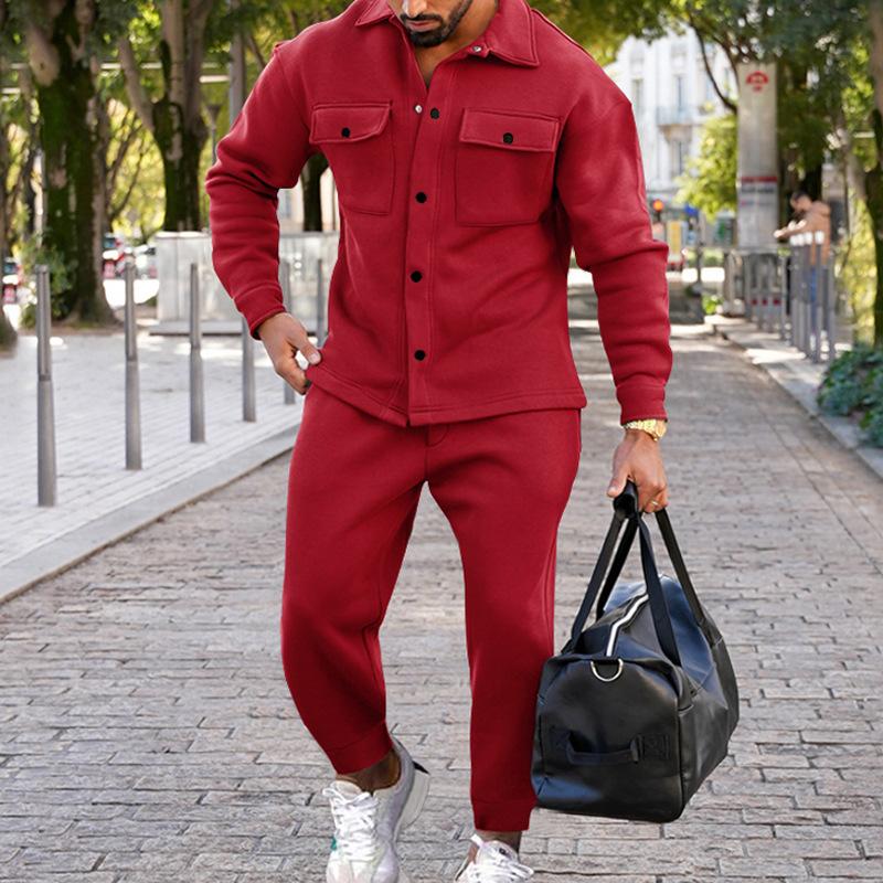 Men's Casual Suede Pocket Single Breasted Slim Fit Shirt Loose Sweatpants Set 9261812973752