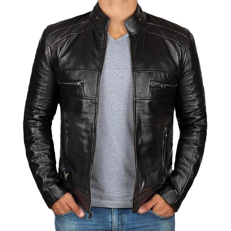 Men's Solid Color Lapel Zipper Leather Jacket 9873141334200