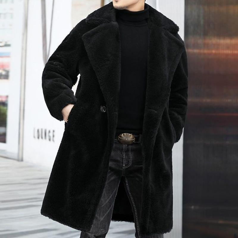 Men's Warm Solid Color Teddy Plush Lapel Long Coat 9261100728504