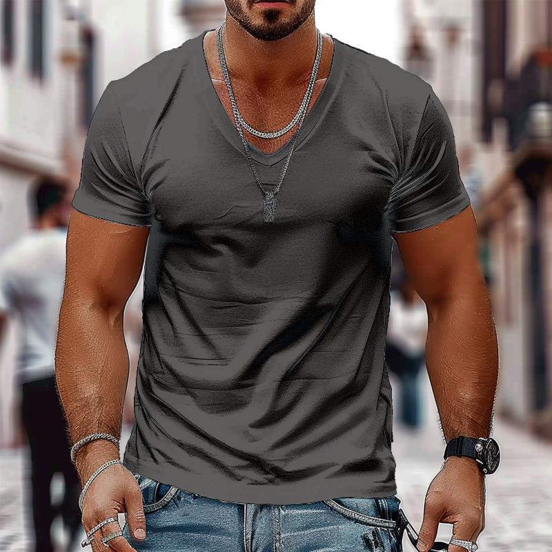 Men's Solid Color Casual V-neck Cotton Short-sleeved T-shirt 9261130580152