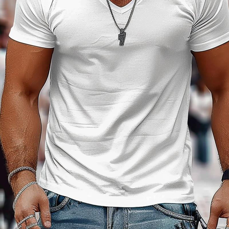Men's Solid Color Casual V-neck Cotton Short-sleeved T-shirt 9261130580152