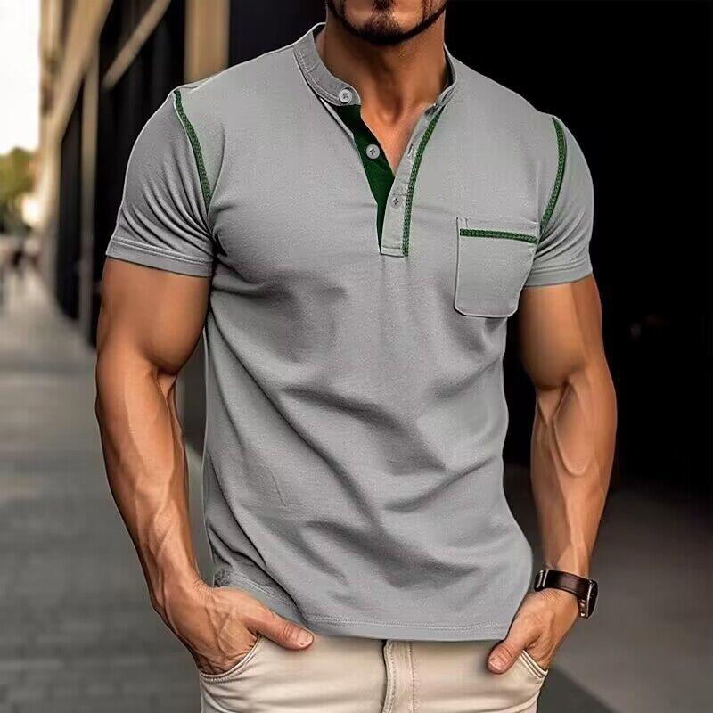 Men's Casual Colorblock Henley Collar Short Sleeve T-Shirt 9261116784824