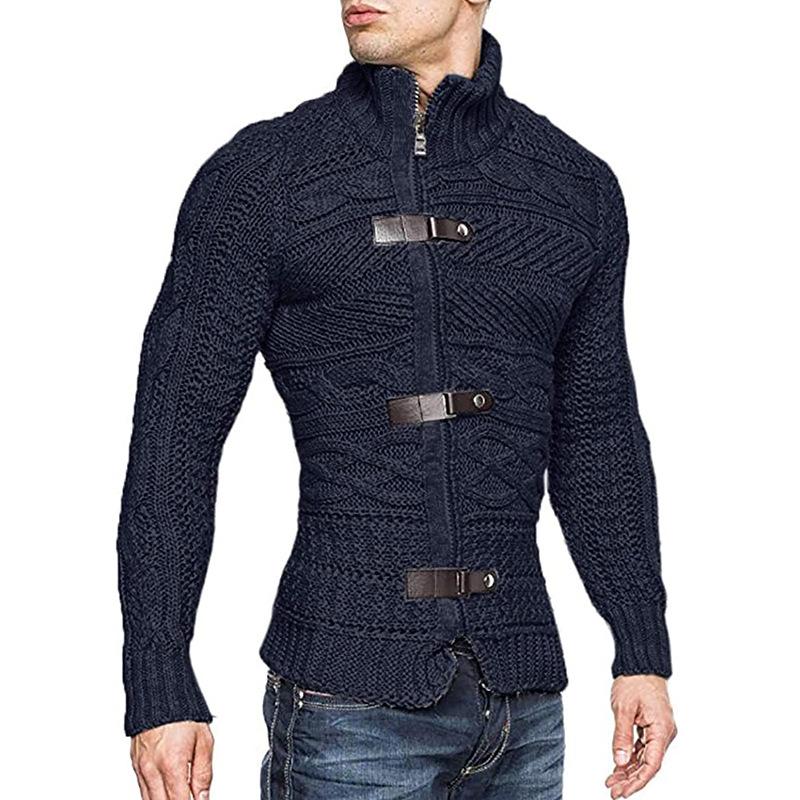 Men's Leather Button Turtleneck Long Sleeve Knitwear Jacket 9262176960696