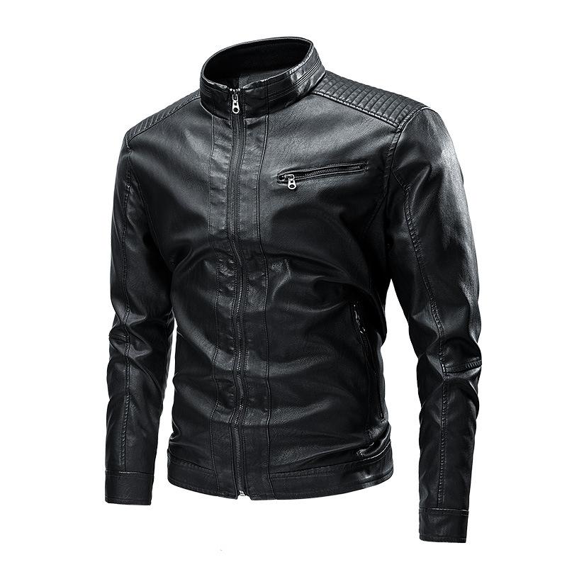 Men's Solid Color Leather Zip-Up Motorcycle Jacket 9266613059768