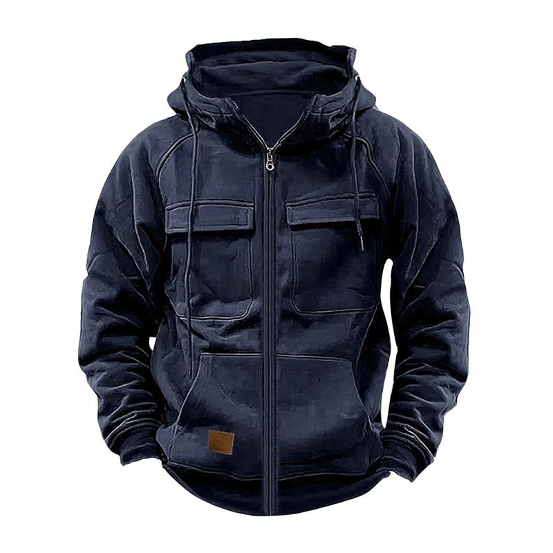 Men's Casual Solid Color Hooded Multi-Pocket Sweatshirt Jacket 9261082607800