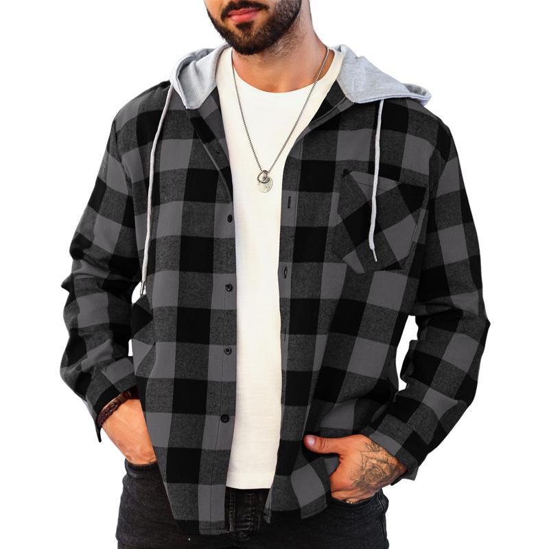 Men's Casual Plaid Long Sleeve Hoodie Jacket 9271921246392