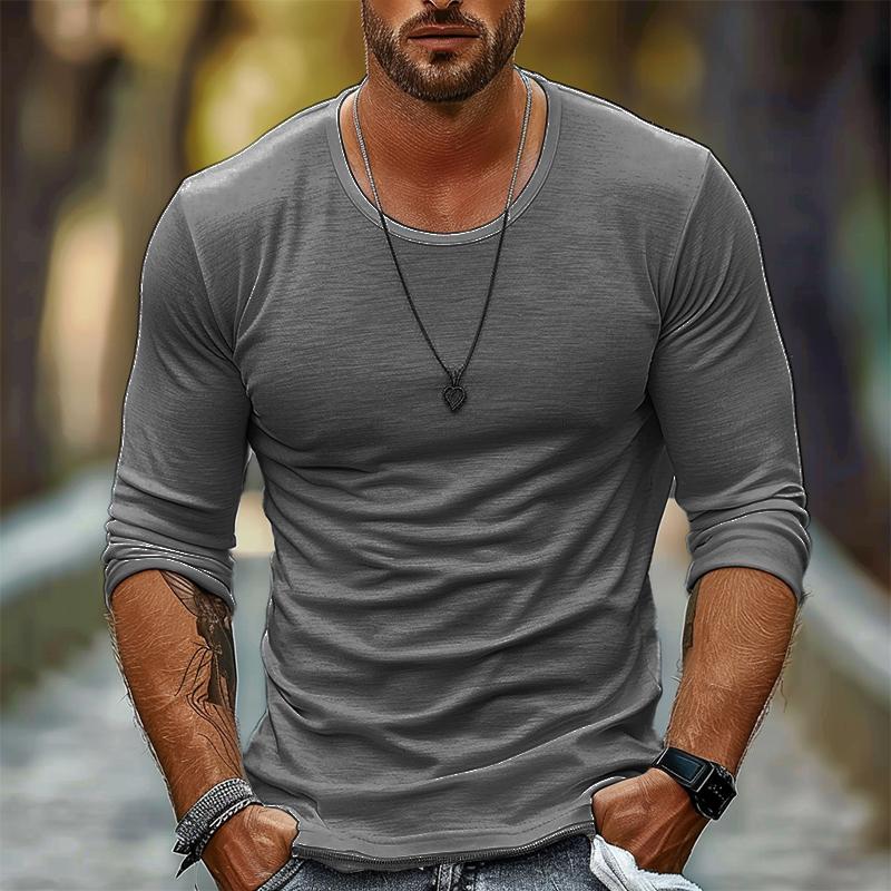 Men's Casual Solid Color Round Neck Long Sleeve T-Shirt 9261116883128