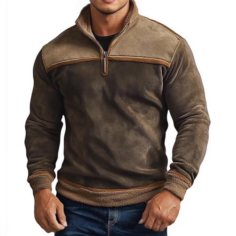 Men's Retro Stand Collar Splicing Fleece Sweatshirt 9886817910968