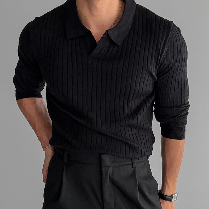 Men's Retro Classic Casual Solid Color Threaded Elastic Lapel Slim Fit Sweater 9262181384376