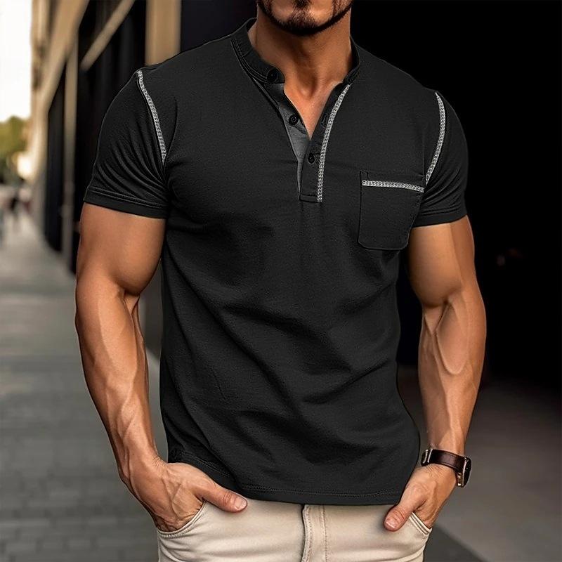 Men's Casual Colorblock Henley Collar Short Sleeve T-Shirt 9261116784824