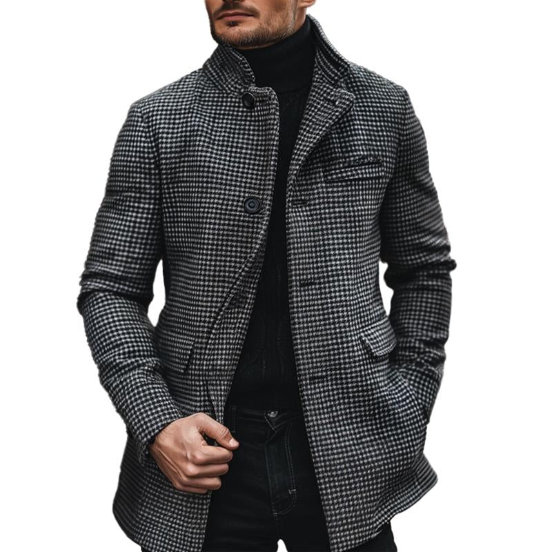 Men's Retro Slim Stand Collar Houndstooth Coat 9274167853240