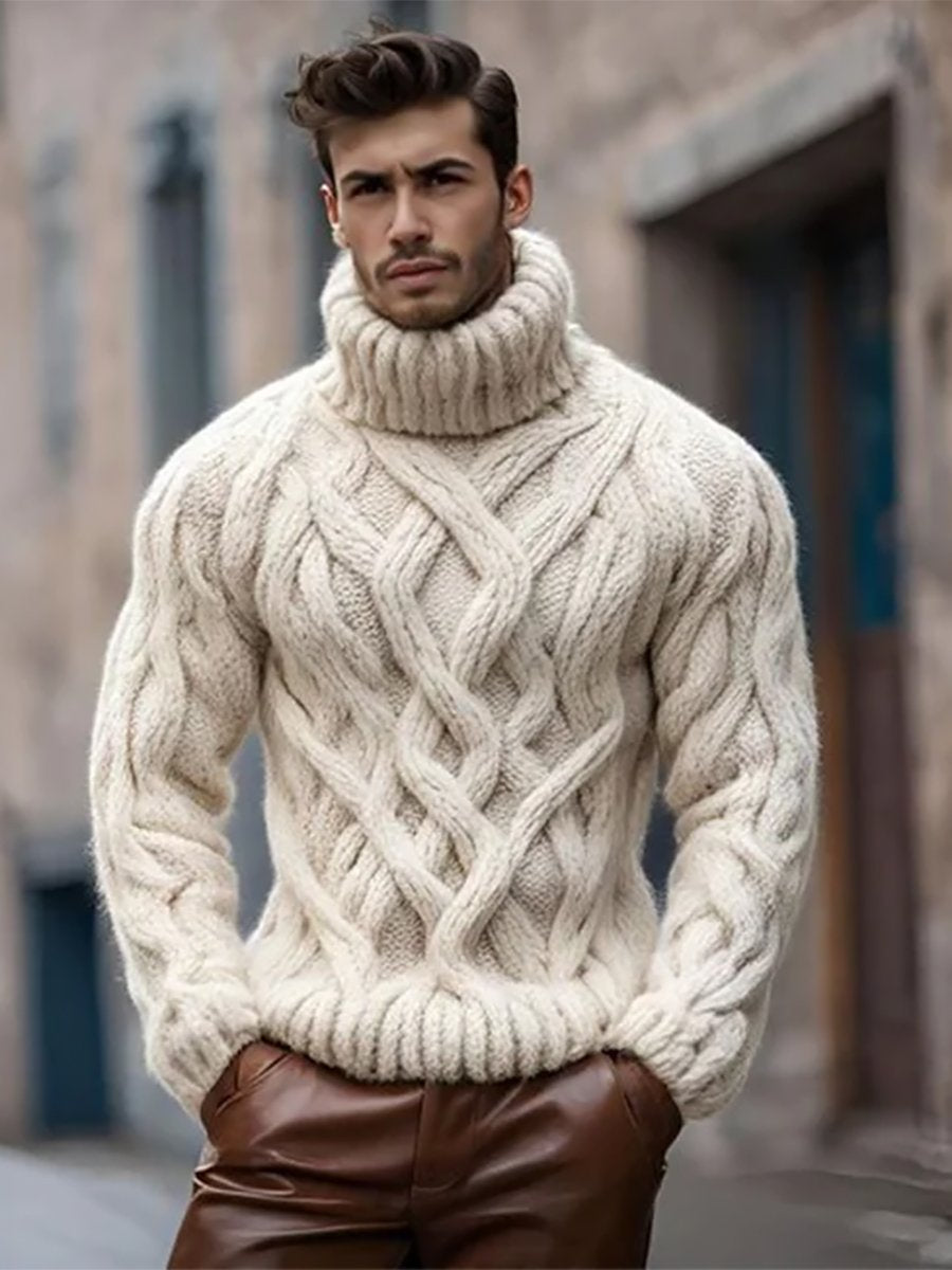 Men's Casual Solid Cable Knit Long Sleeve Turtleneck Sweater 9888735068344