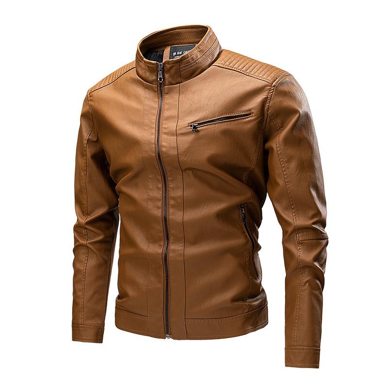Men's Solid Color Leather Zip-Up Motorcycle Jacket 9266613059768