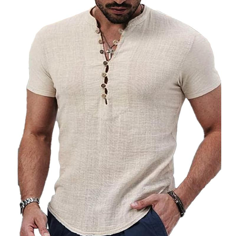 Men's Solid Color Stand Collar Button Down Half Cardigan Short Sleeve Shirt 9261783908536