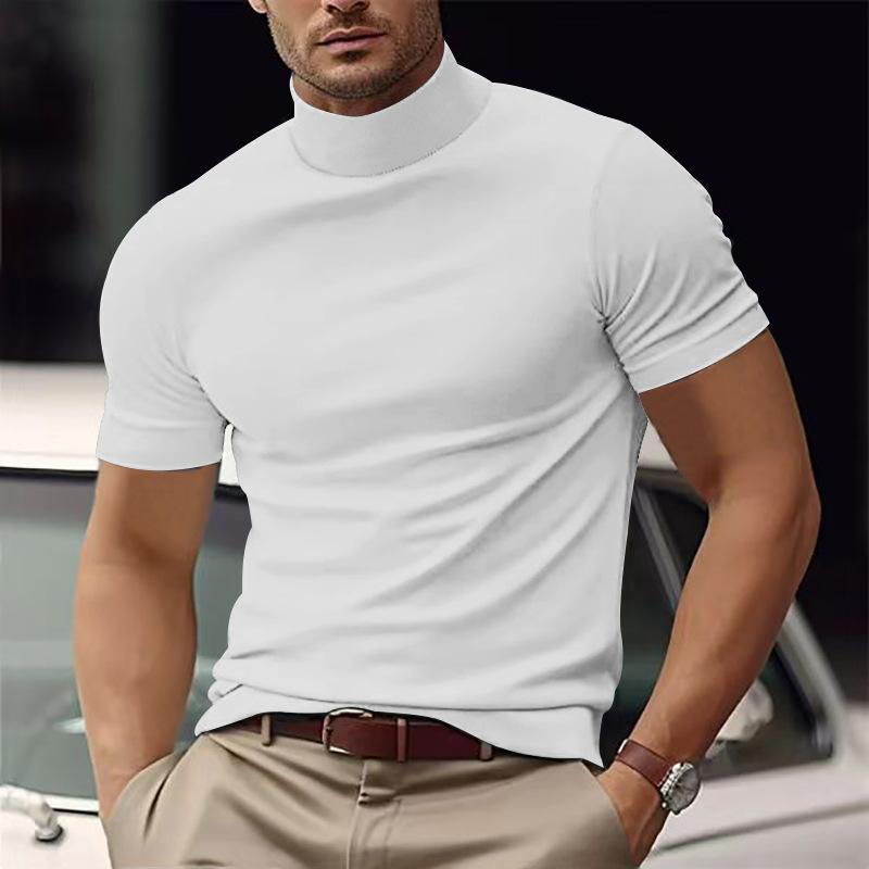Men's Solid Color Half Turtle Neck Slim Fit Short Sleeve T-Shirt 9261118128312