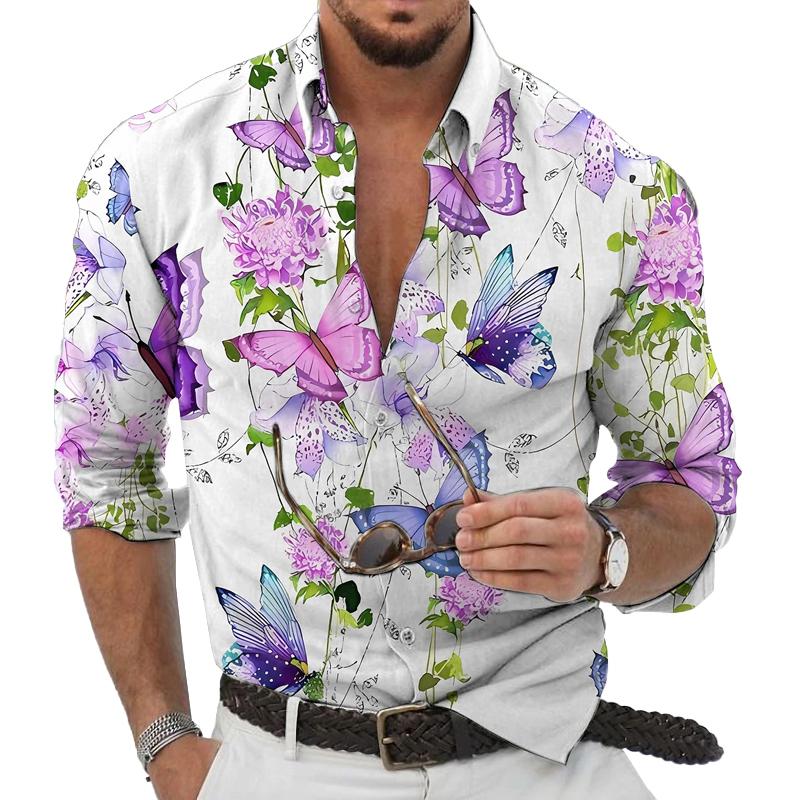 Men's Hawaiian Floral Print Long Sleeve Lapel Shirt 9261795803320