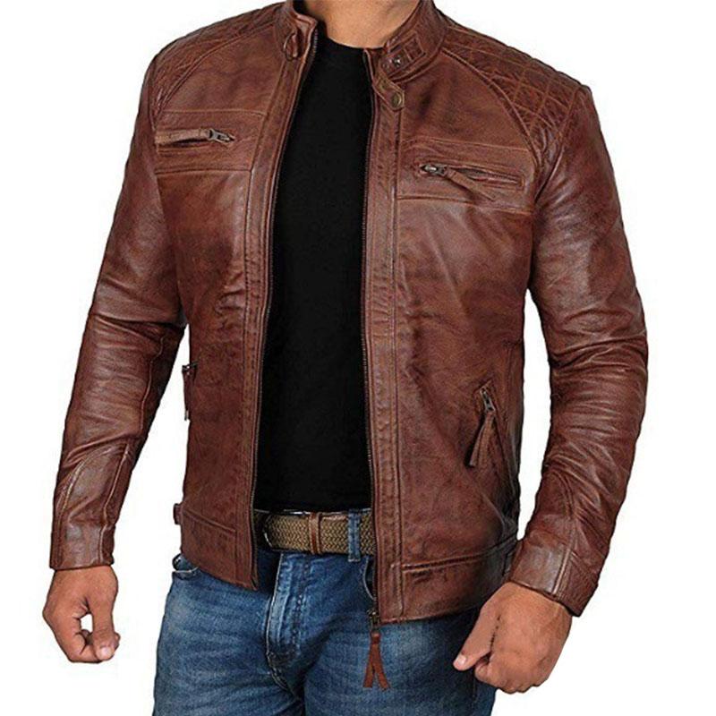 Men's Vintage Distressed Stand Collar Zip Motorcycle Leather Jacket 9261086638264