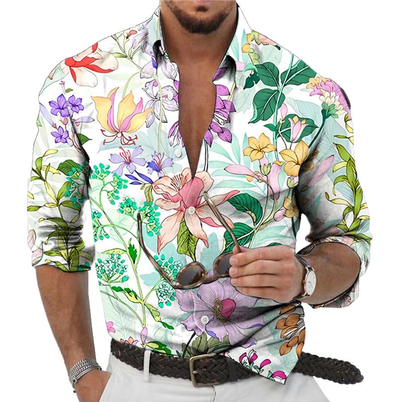 Men's Hawaiian Floral Print Long Sleeve Lapel Shirt 9261795803320