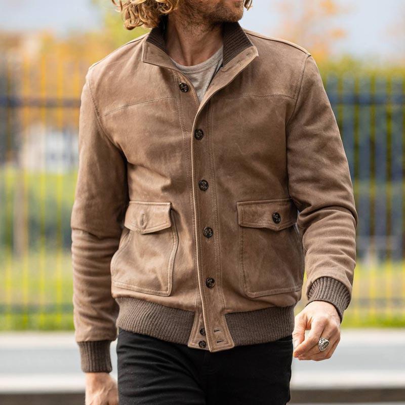 Men's Vintage Suede Stand Collar Button Jacket 9885840081080