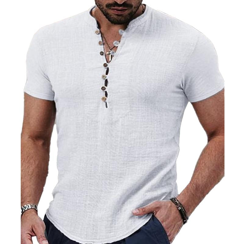 Men's Solid Color Stand Collar Button Down Half Cardigan Short Sleeve Shirt 9261783908536